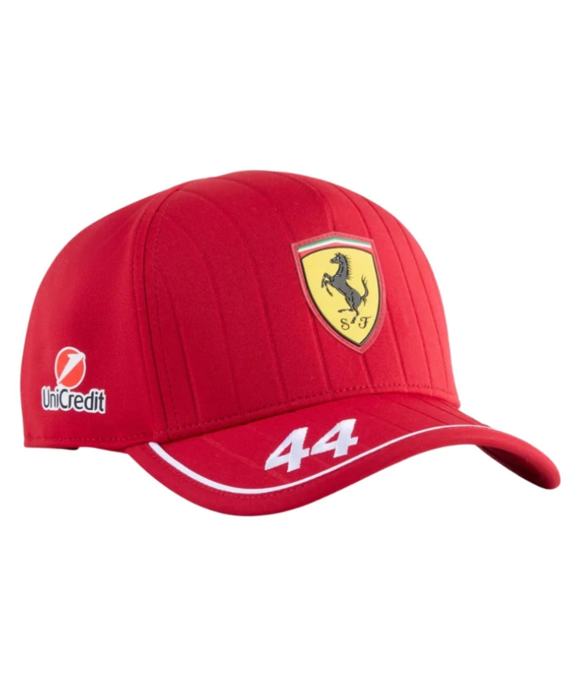 Rosso corsa Ferrari F1 cap with number 44 and UniCredit mark, angled view