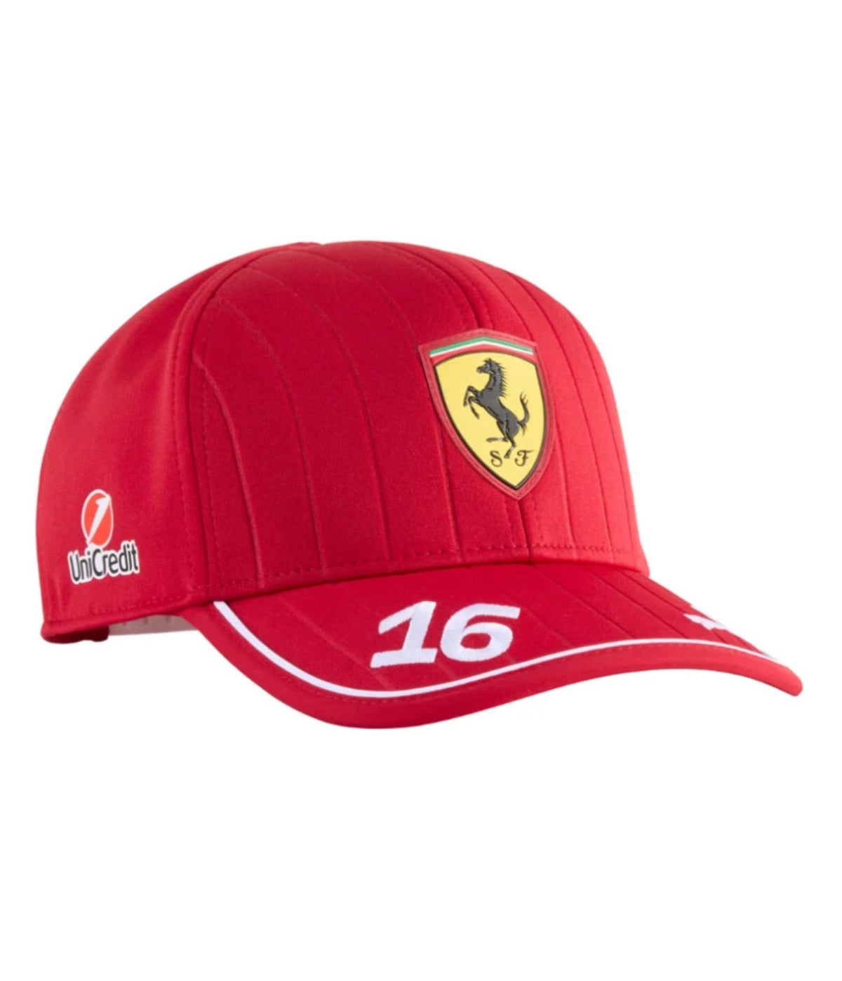 Rosso corsa Ferrari F1 cap with number 16 stitched across the brim, angled view