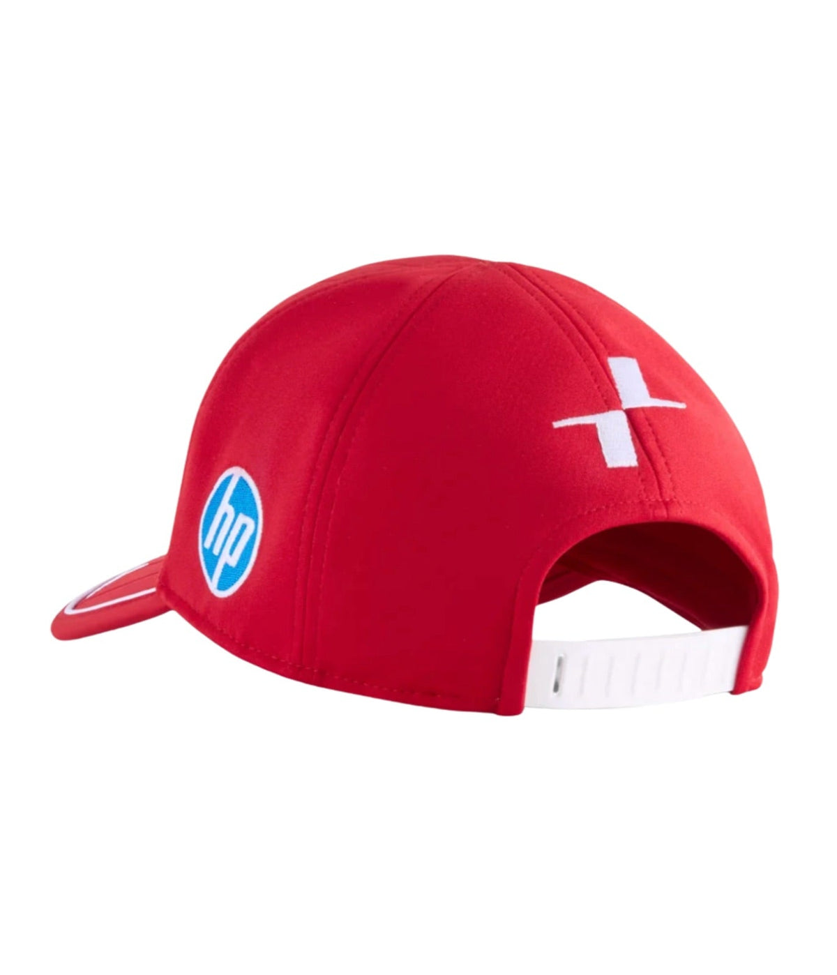 Rear of the red Ferrari F1 cap showing the HP mark and white adjustable strap