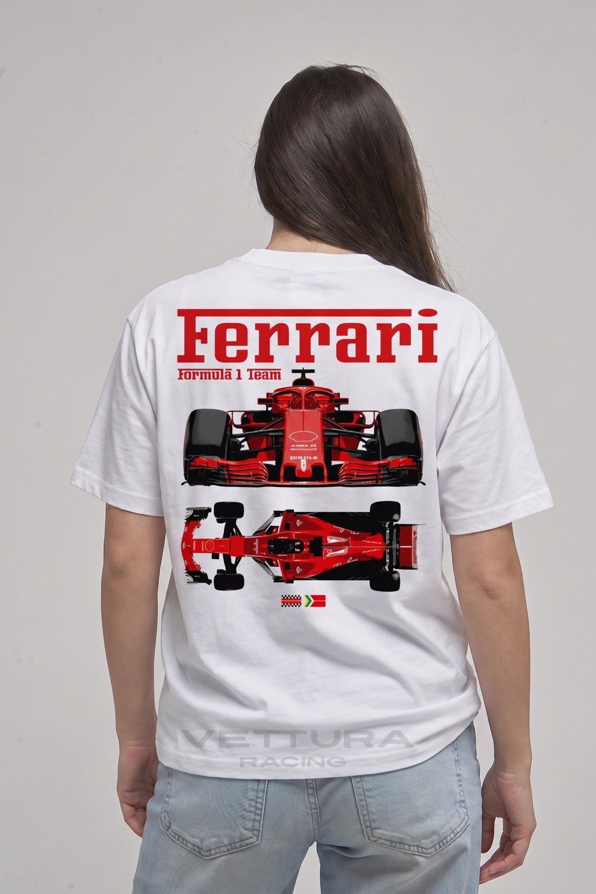 Ferrari Formula 1 Team white tee on a model, shoulder and sleeve detail