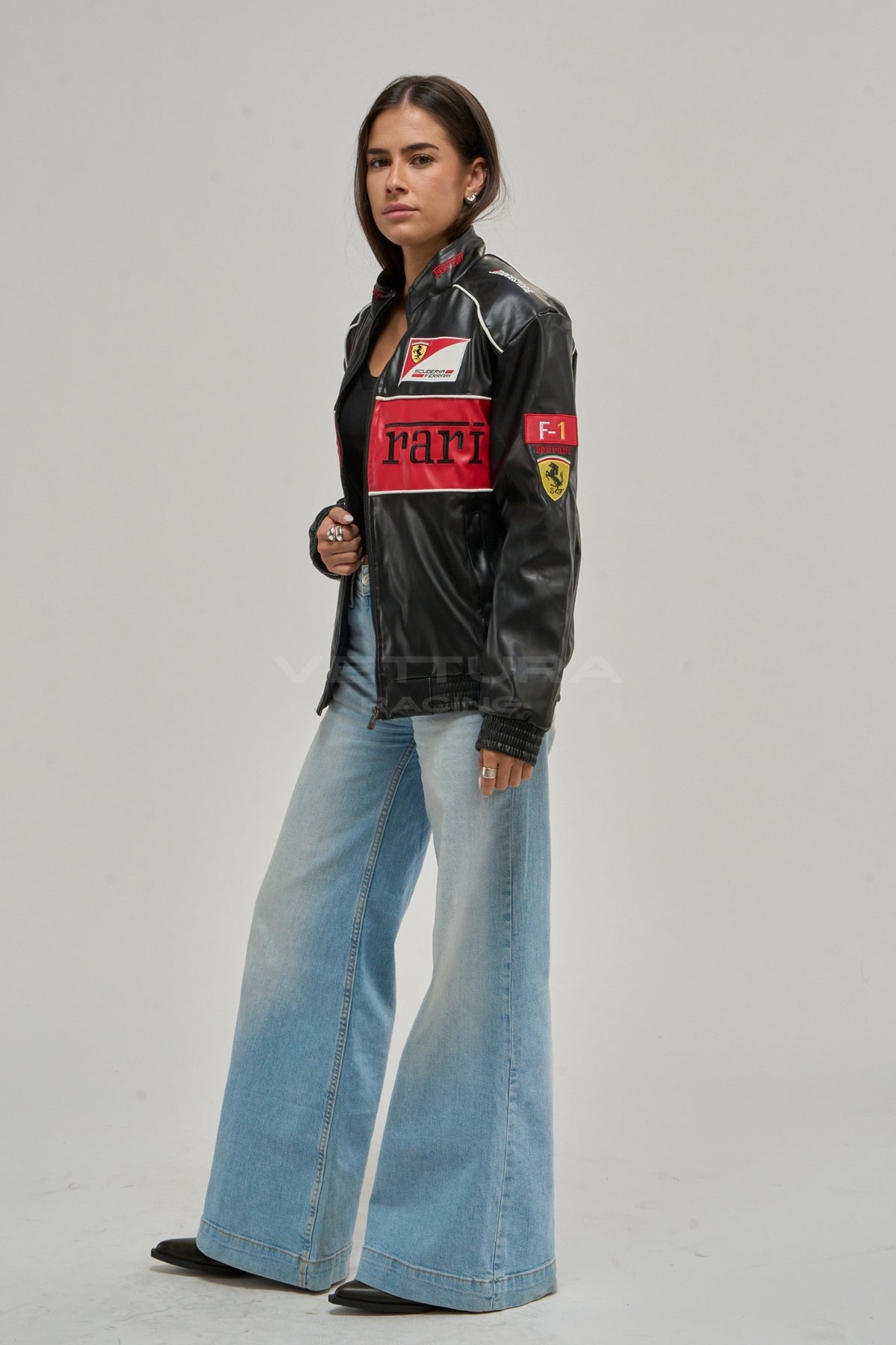 Back of the Ferrari F1 red leather racing jacket with the embroidered Prancing Horse