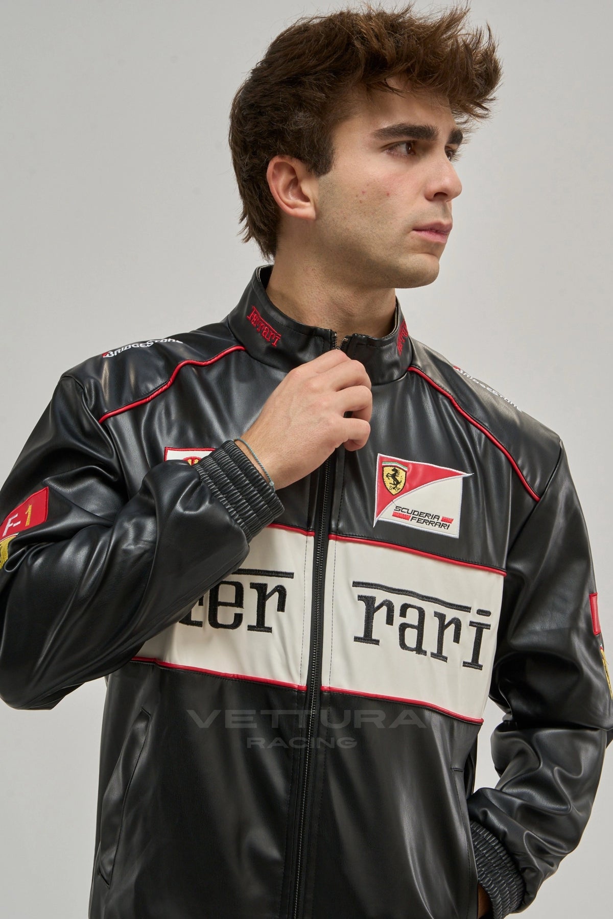 Ferrari F1 white edition leather jacket worn on the street with the white chest block
