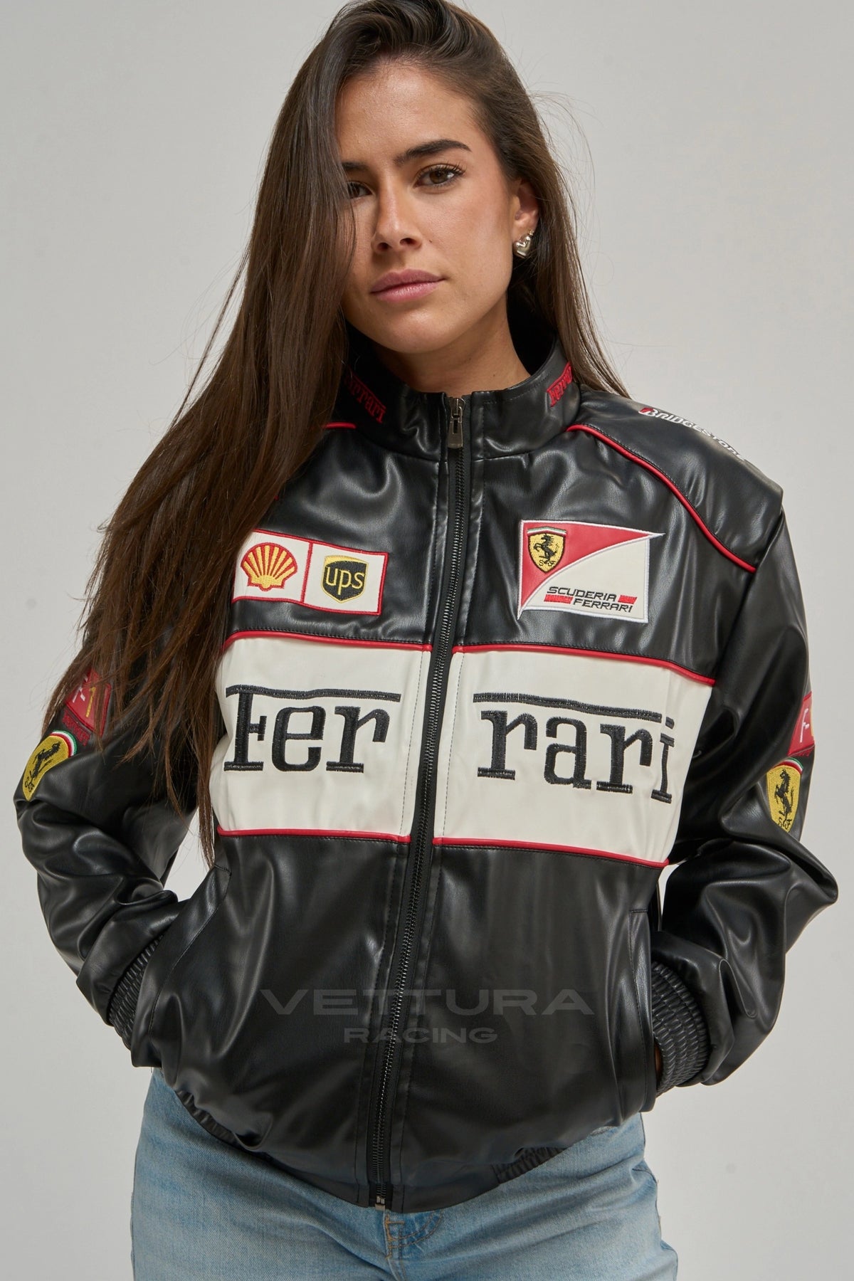 Ferrari F1 white edition vegan leather jacket photographed outdoors, everyday styling