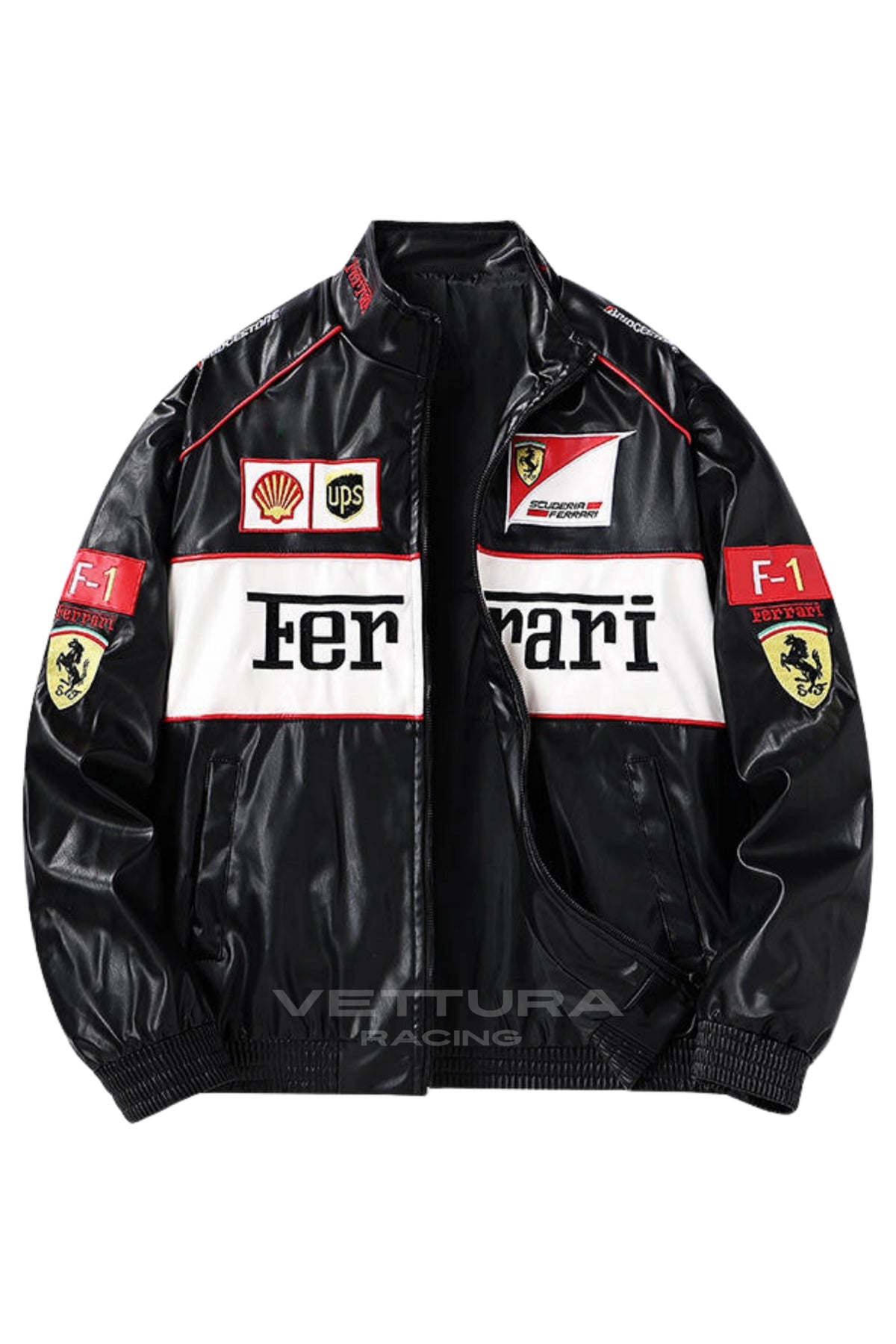 Ferrari F1 vintage leather jacket white edition, front product shot on a white background