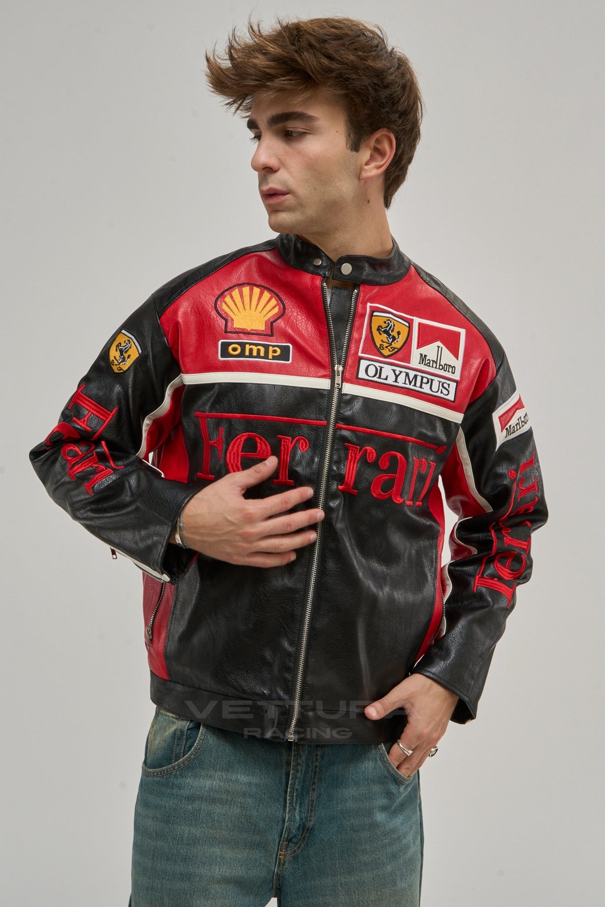 Ferrari F1 white edition leather jacket worn in an everyday street setting