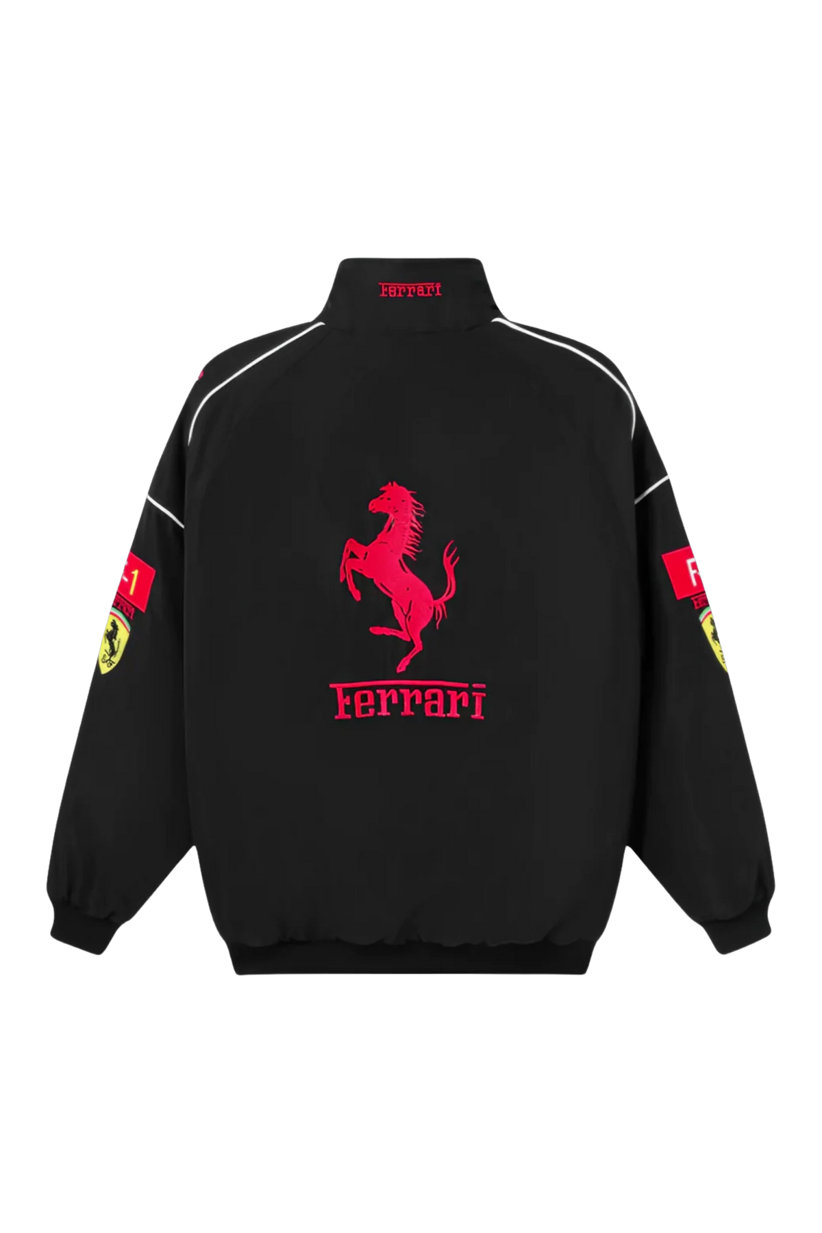 Ferrari F1 vintage racing jacket in black, back cut-out with the embroidered red Prancing Horse