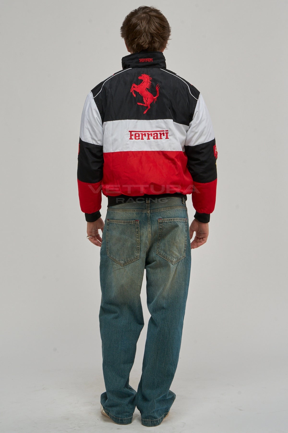 Back of the Ferrari F1 classic racing jacket with the embroidered Prancing Horse