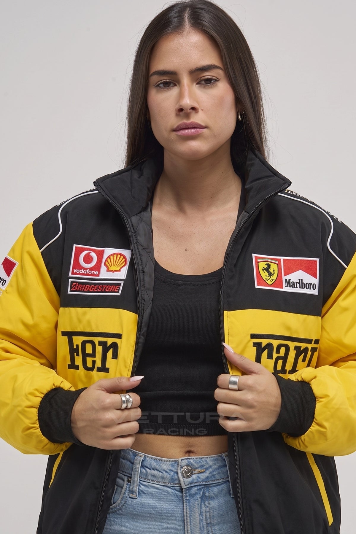 Ferrari F1 Michael Schumacher jacket styled with jeans in daylight