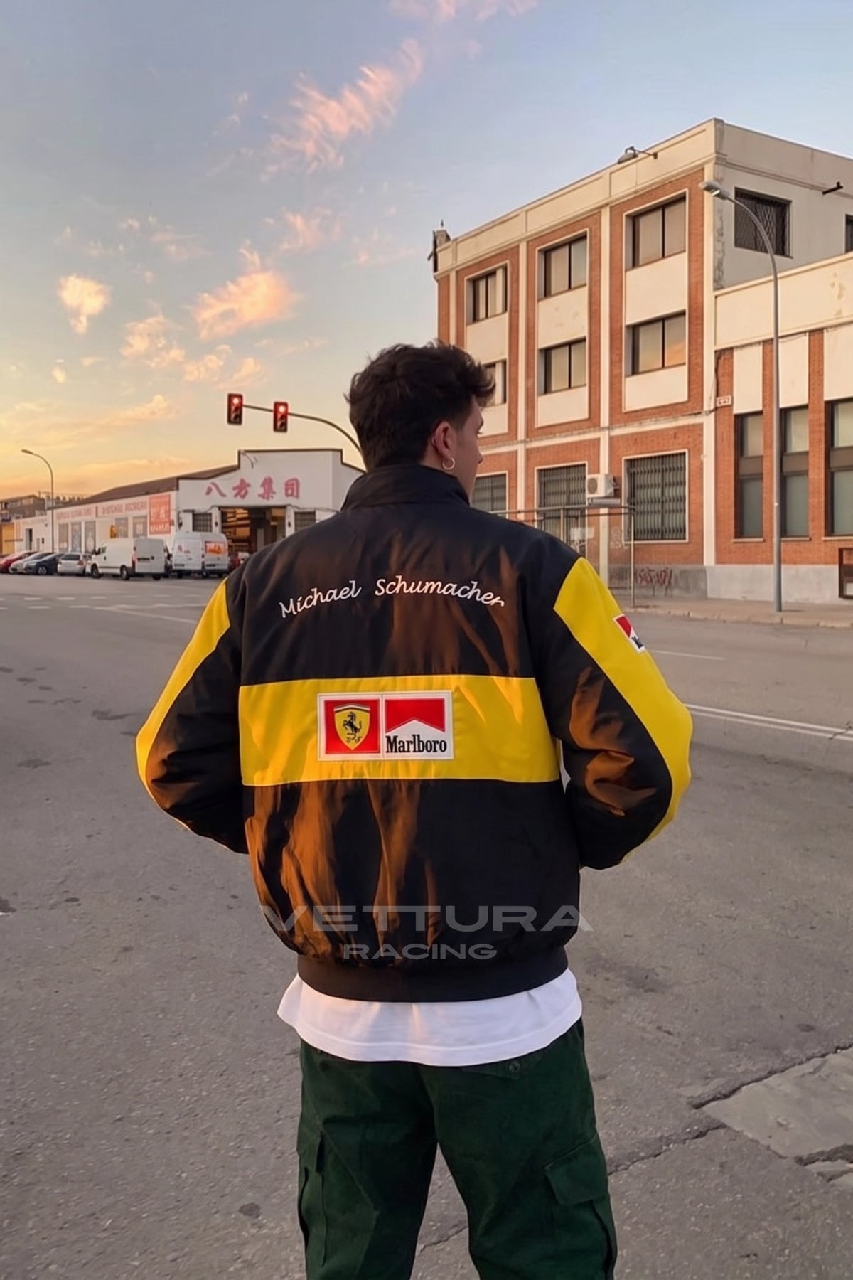 Ferrari F1 Michael Schumacher vintage racing jacket worn on the street