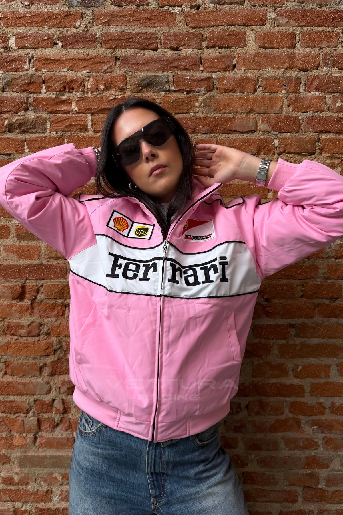 Ferrari F1 pink vintage racing jacket worn on the street