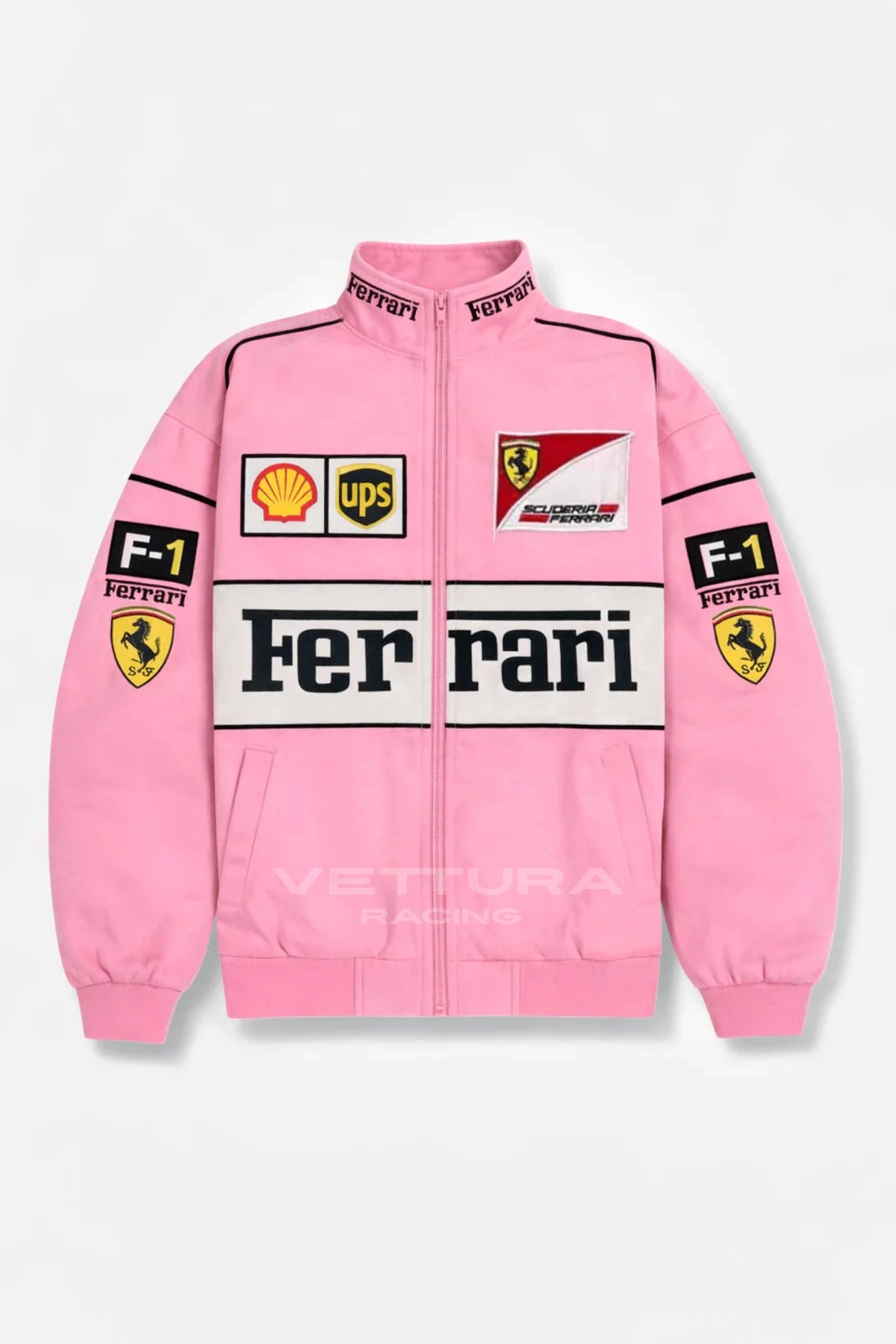 Ferrari F1 vintage racing jacket pink edition, front product shot on a white background