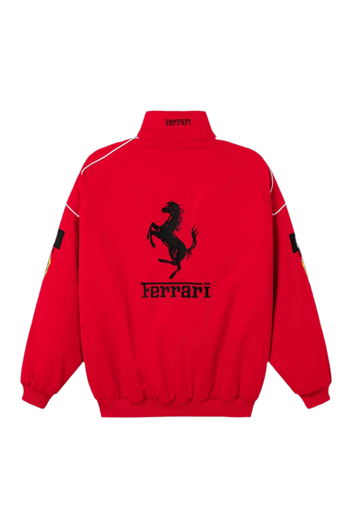 Ferrari F1 vintage racing jacket in red, back cut-out with the embroidered black Prancing Horse