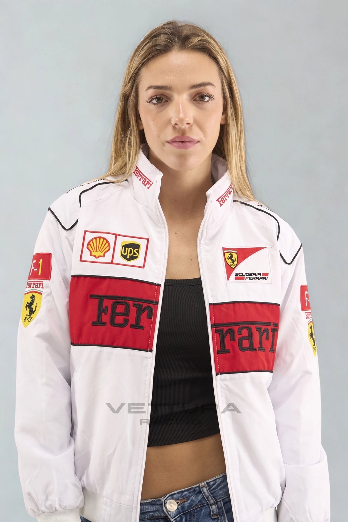Ferrari F1 white edition jacket with the red Ferrari chest block, worn on a model