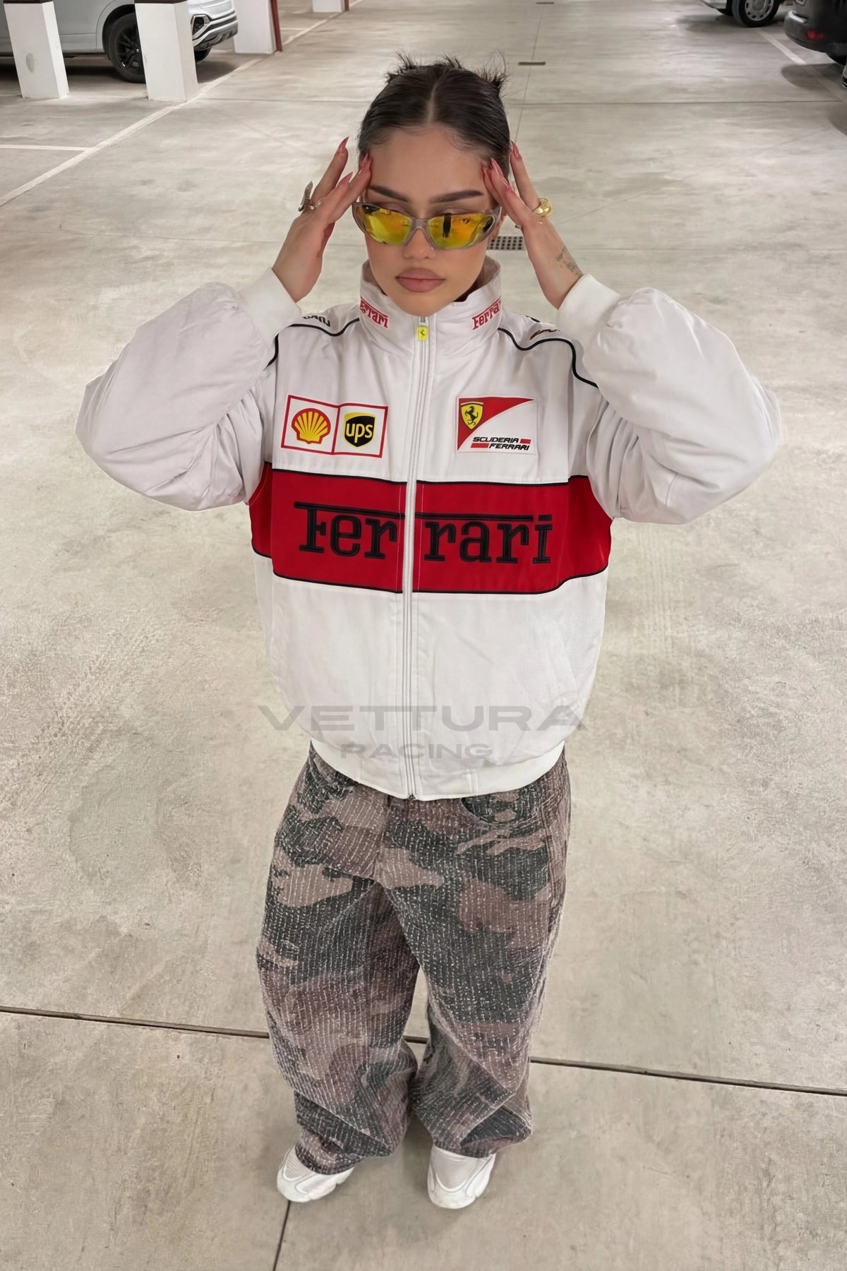Ferrari F1 white edition vintage racing jacket worn on the street