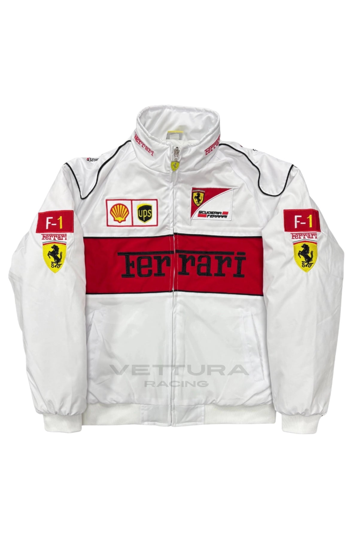 Ferrari F1 vintage racing jacket white edition, front product shot on a white background