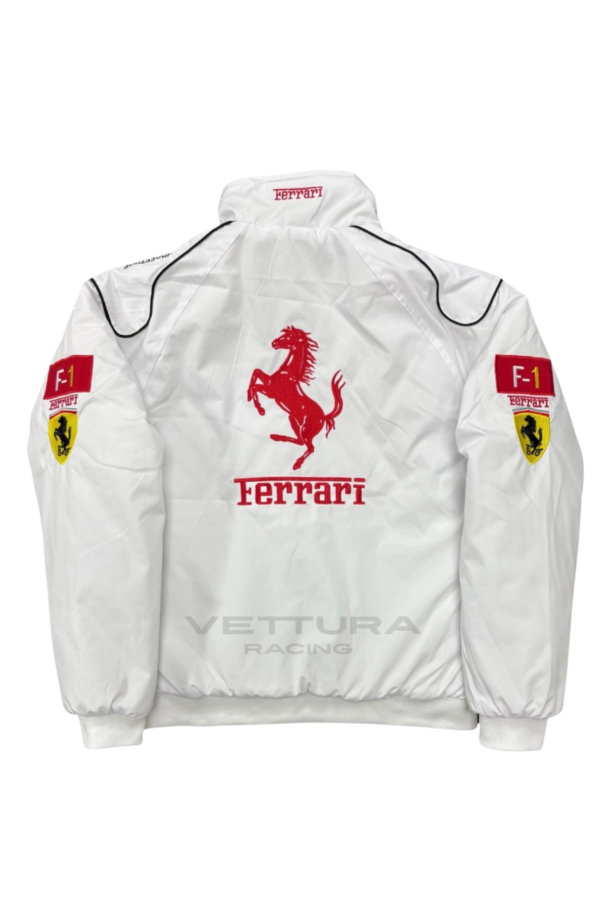 Back of the Ferrari F1 white edition racing jacket with the embroidered red Prancing Horse