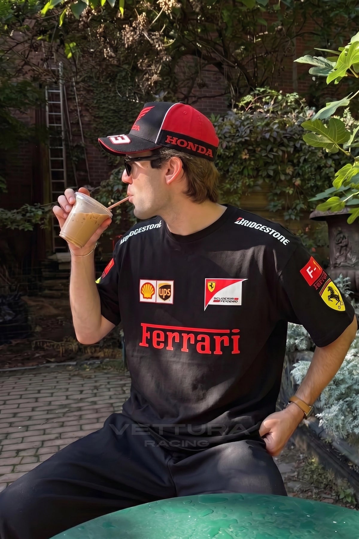 Ferrari F1 black racing t-shirt worn on the street, regular fit