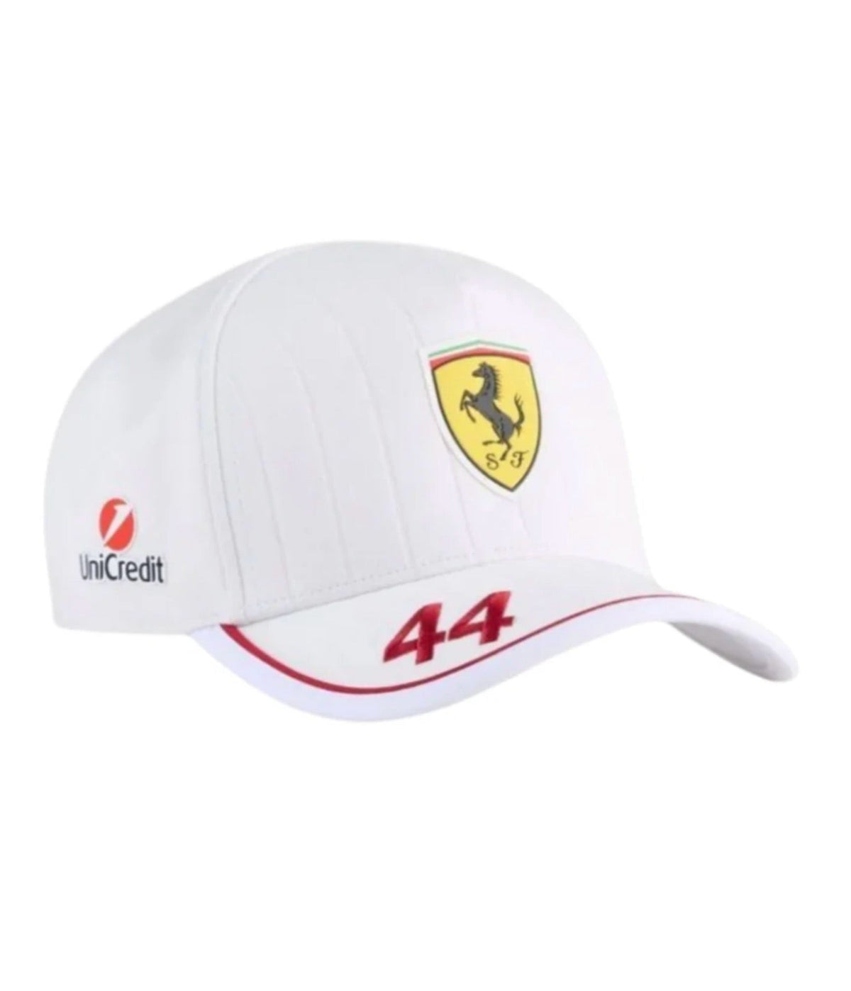 White Ferrari F1 cap with red trim and number 44 stitched on the brim, angled view