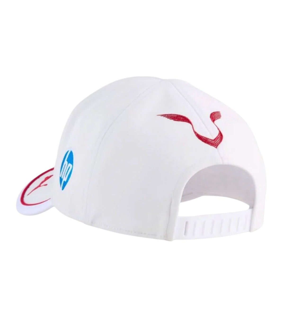 Rear of the white Ferrari F1 cap showing the HP and Puma marks and adjustable strap