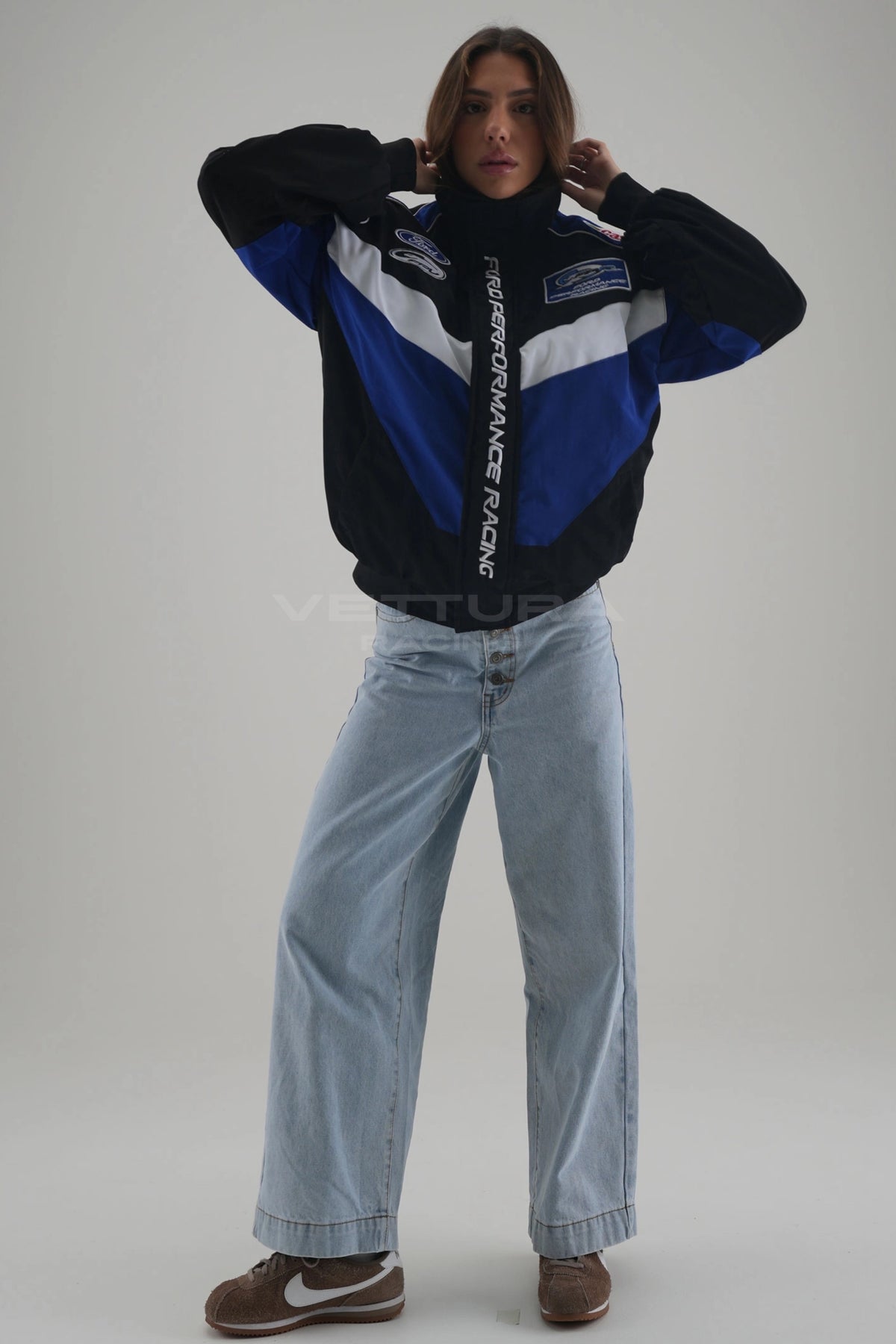 Woman wearing the Ford Performance Racing vintage bomber jacket