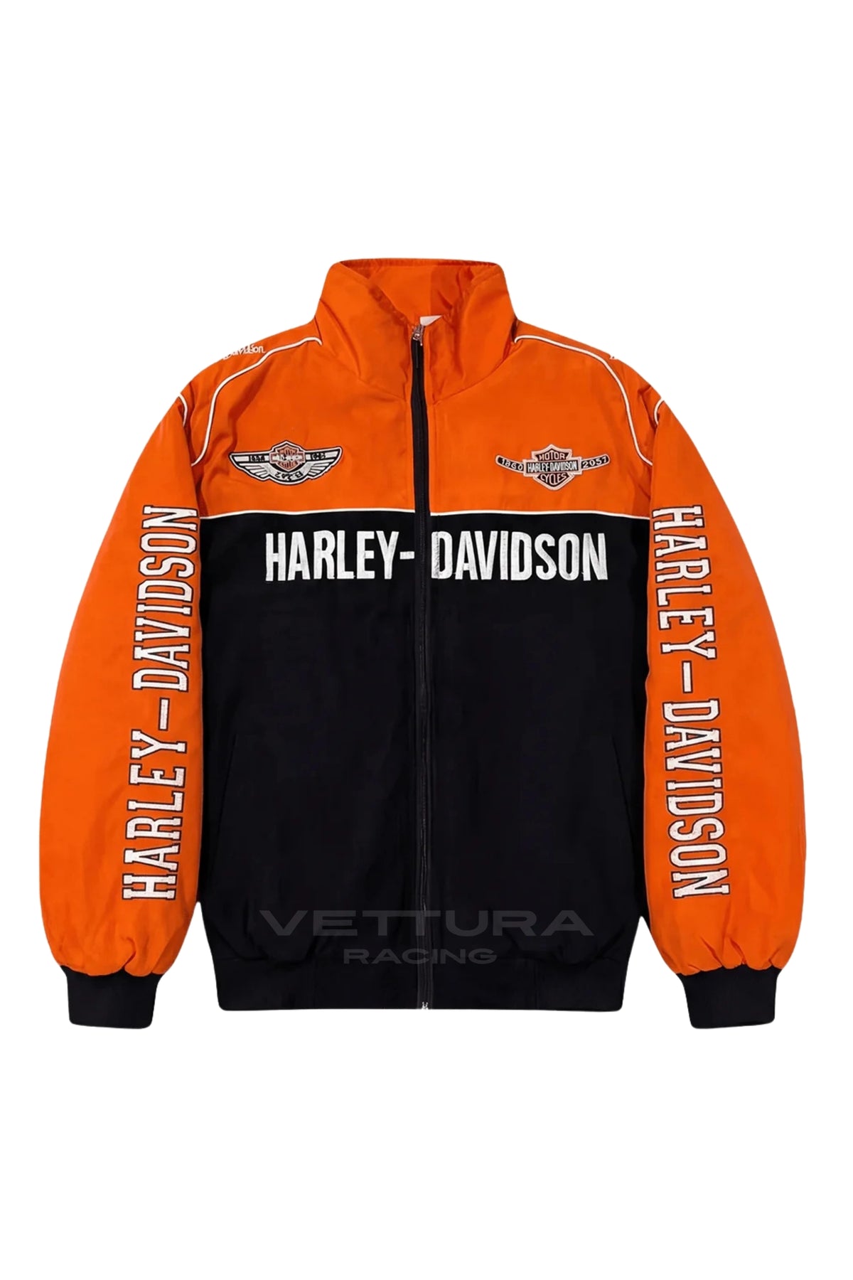 Harley Davidson orange edition jacket, front product shot on a white background