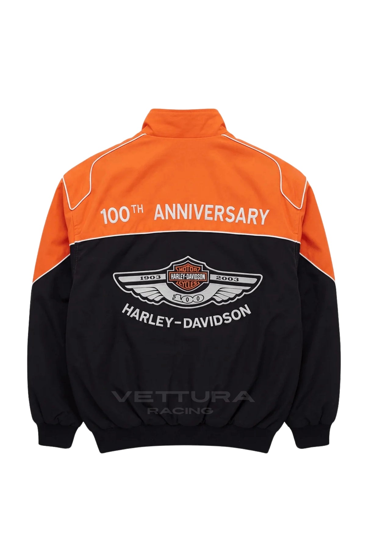 Back of the Harley Davidson jacket with the 100th Anniversary bar and shield