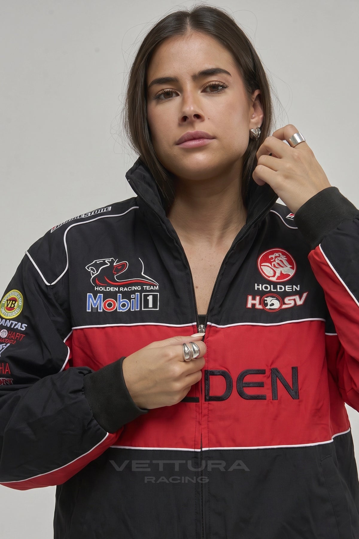 Holden vintage racing jacket on a model, showing the embroidered lion badge