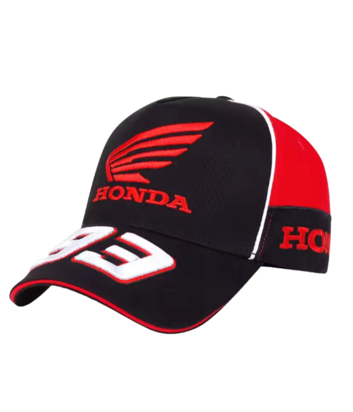 Black Honda 93 cap showing the raised race number embroidery