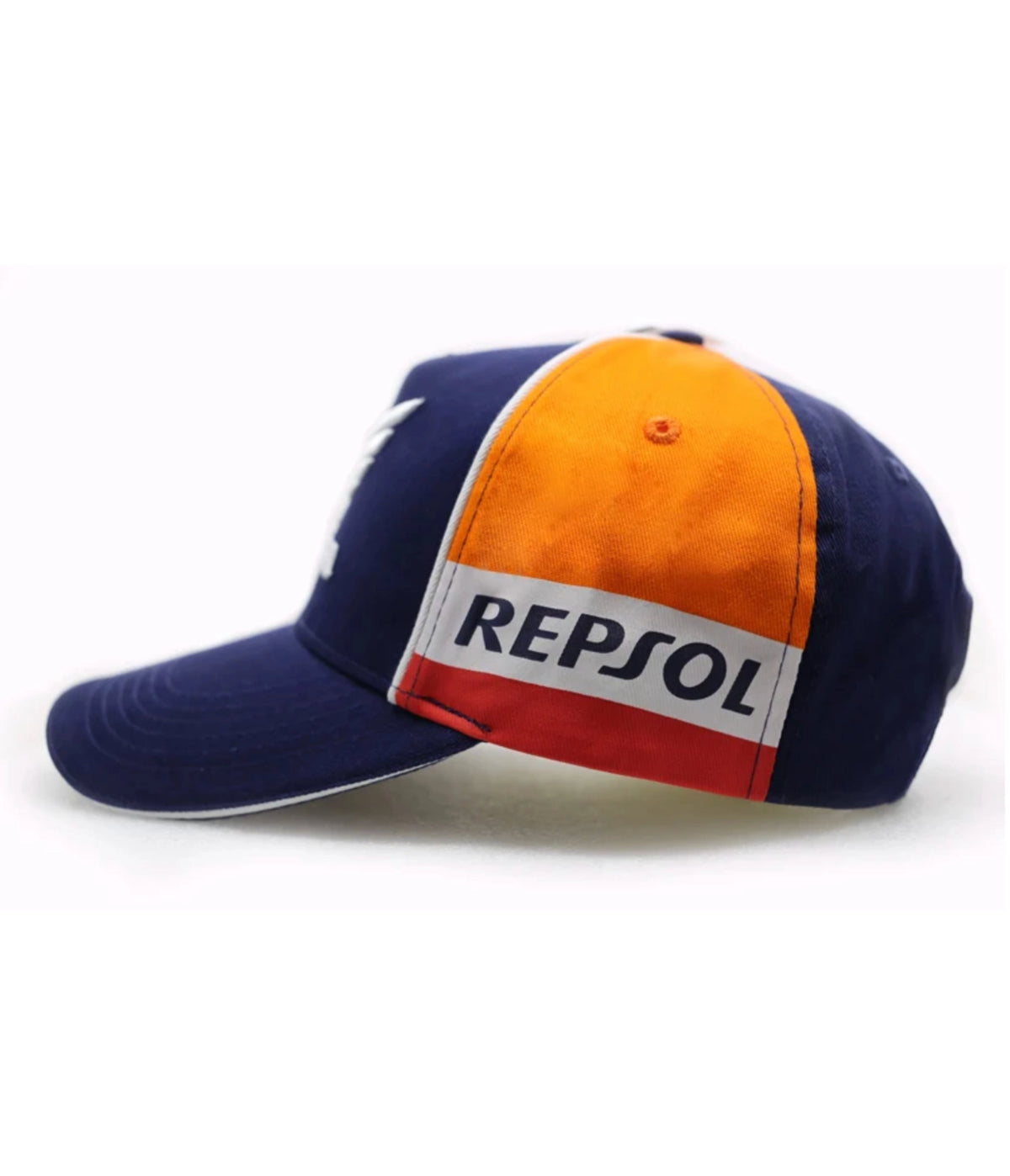 Side panel of the Honda Repsol cap with embroidered Repsol block