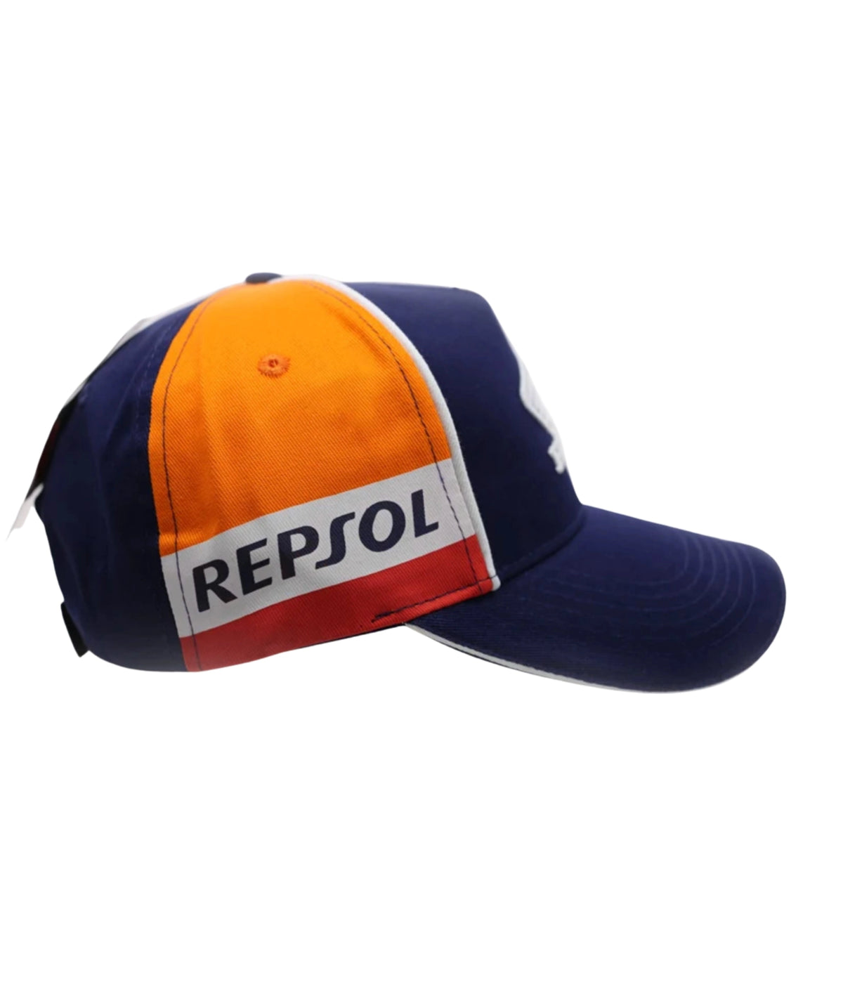Orange and navy Honda Repsol cap, three quarter view