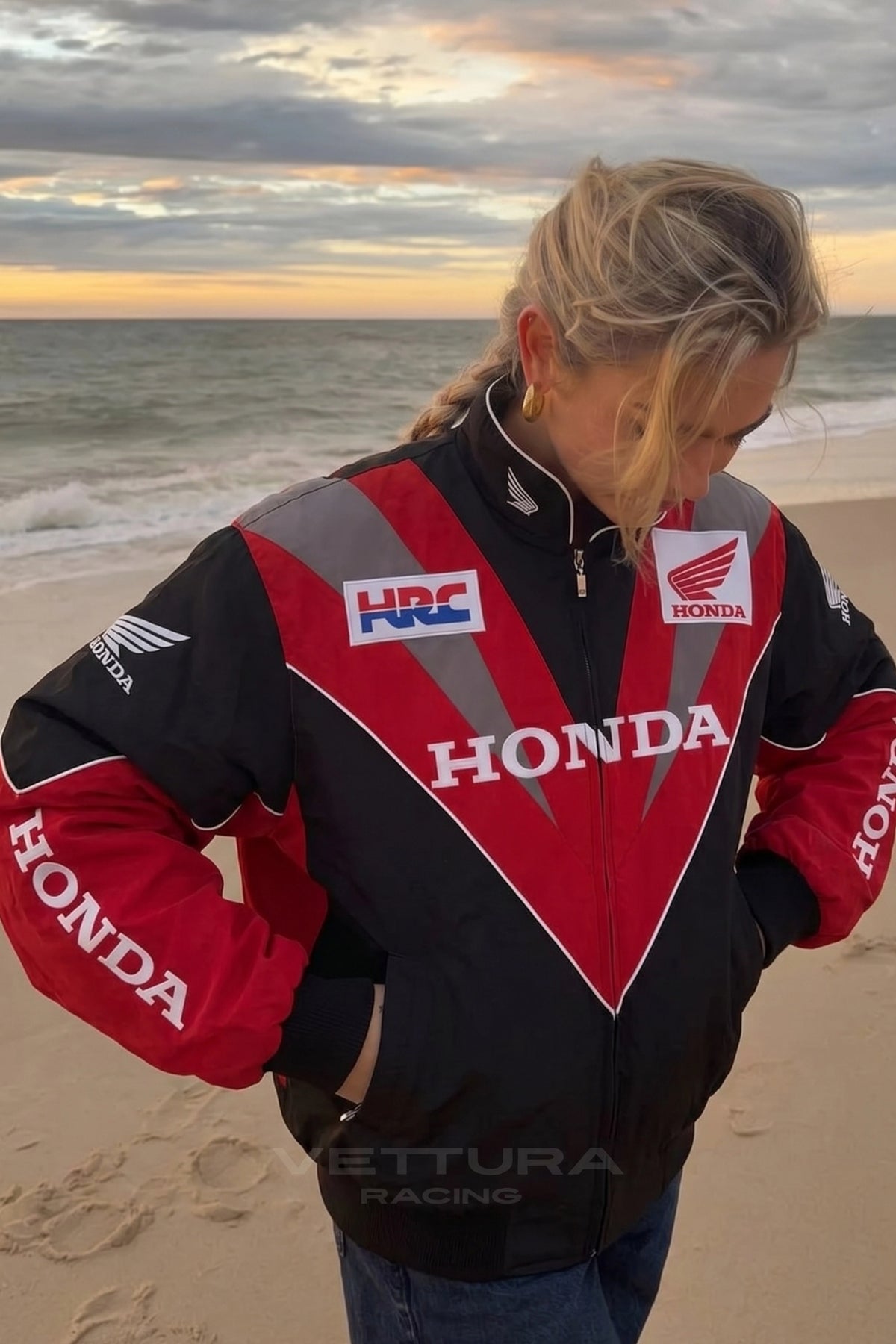 Detail of the padded shell and ribbed cuffs on the Honda jacket