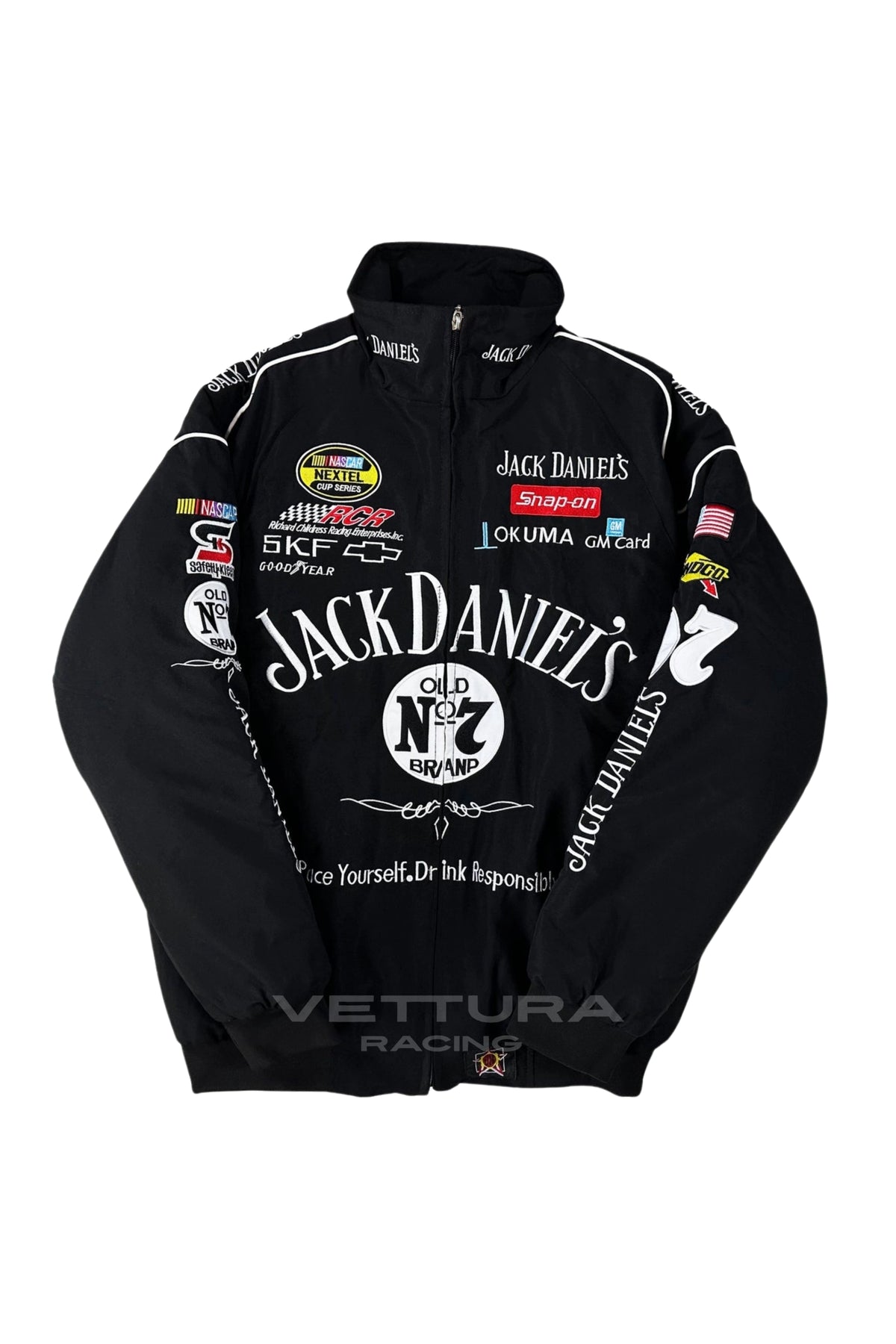 Black Jack Daniel's racing jacket flat front view with embroidered patches