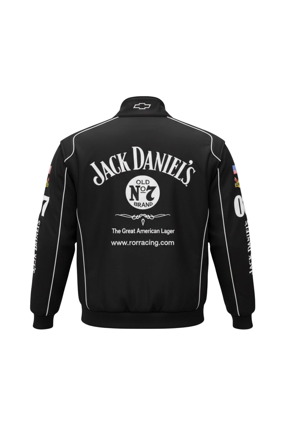 Jack Daniel's racing jacket flat back view with embroidered script