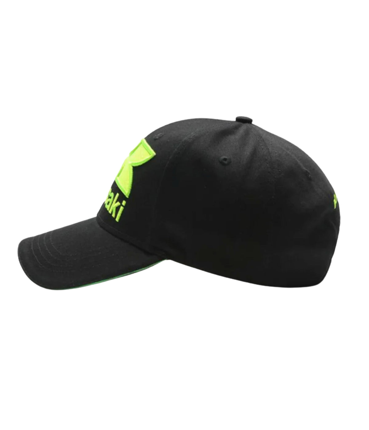 Left side of the black Kawasaki Racing cap showing the green sandwich trim on the brim