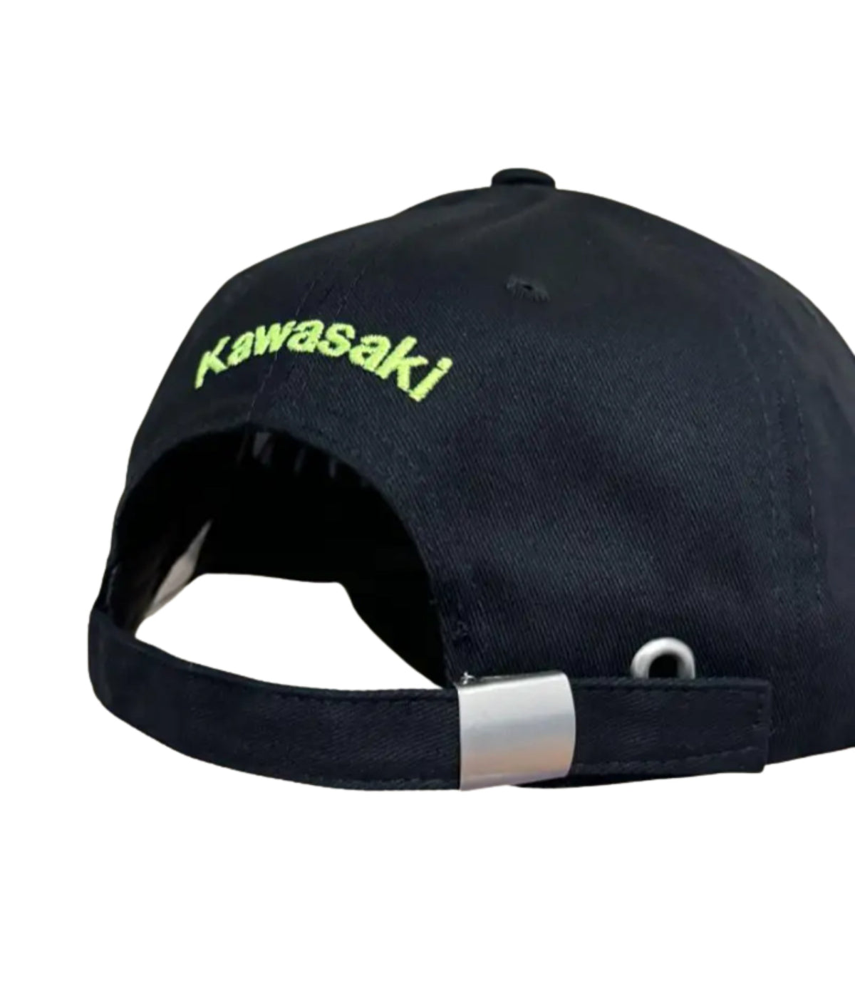 Rear of the black Kawasaki Racing cap with green stitched script and metal clasp