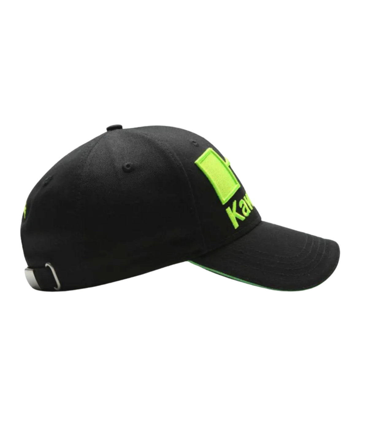 Right side of the black Kawasaki Racing cap showing the metal clasp strap