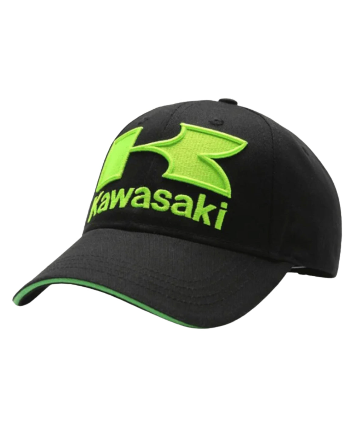 Black Kawasaki Racing cap at an angle with the lime green 3D river mark and green brim trim