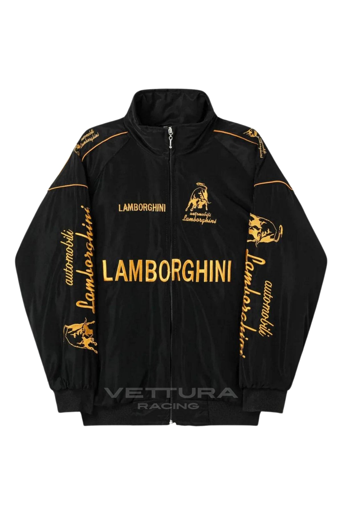 Black Lamborghini vintage racing jacket flat front view with gold embroidery