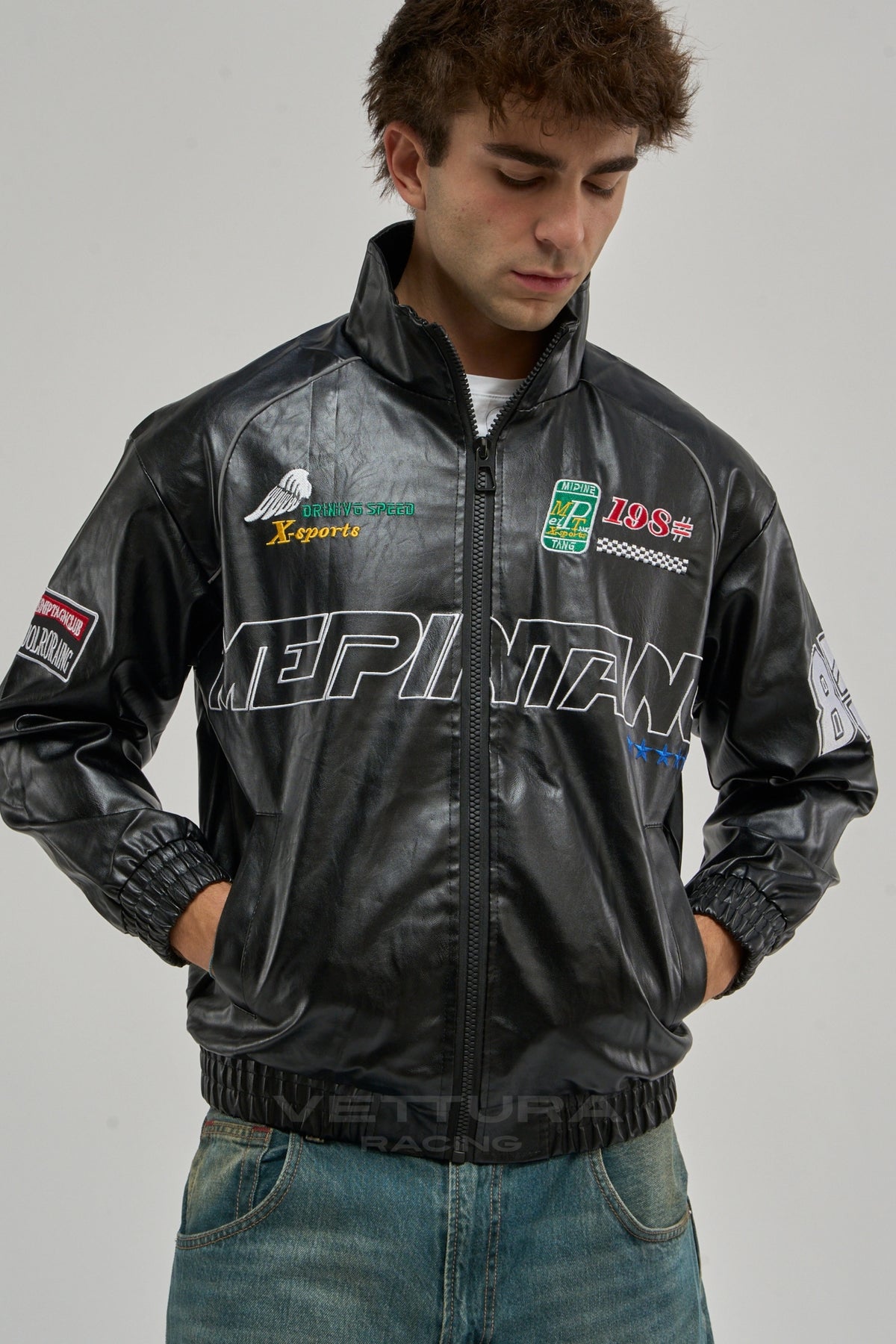 LAP 85 black racing jacket styled with jeans in daylight