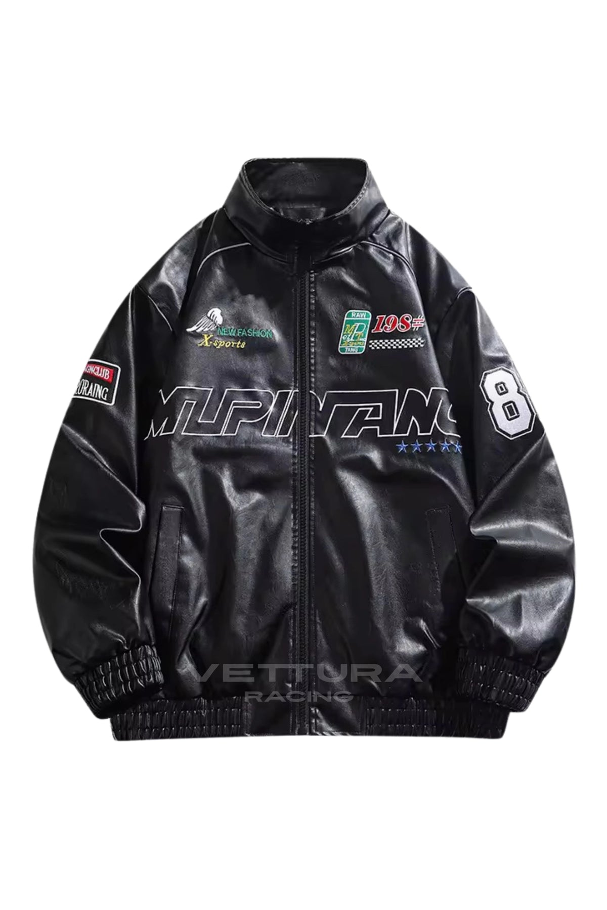 LAP 85 black racing bomber jacket, front product shot on a white background