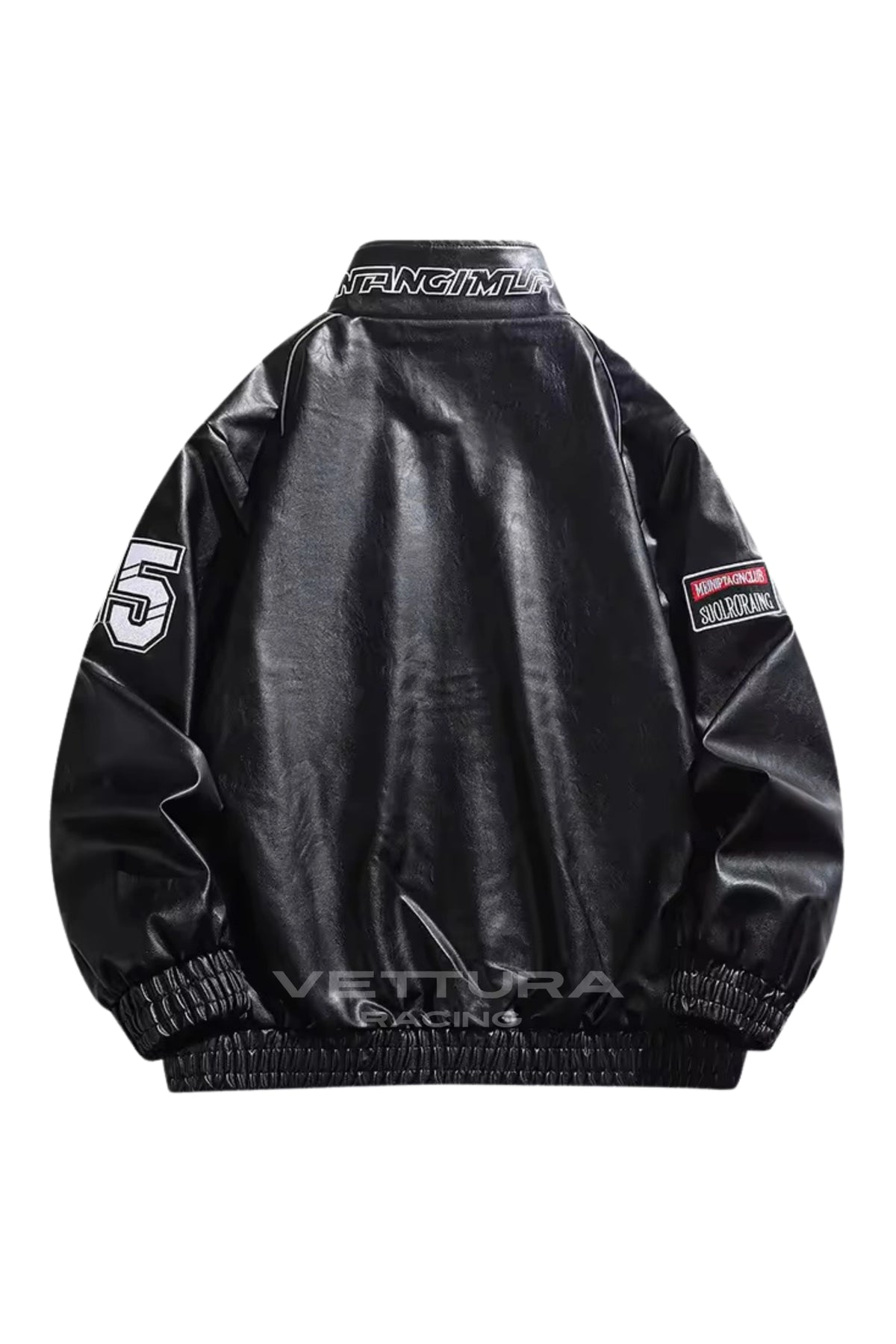 Back of the LAP 85 black racing jacket with the number patch on the sleeve