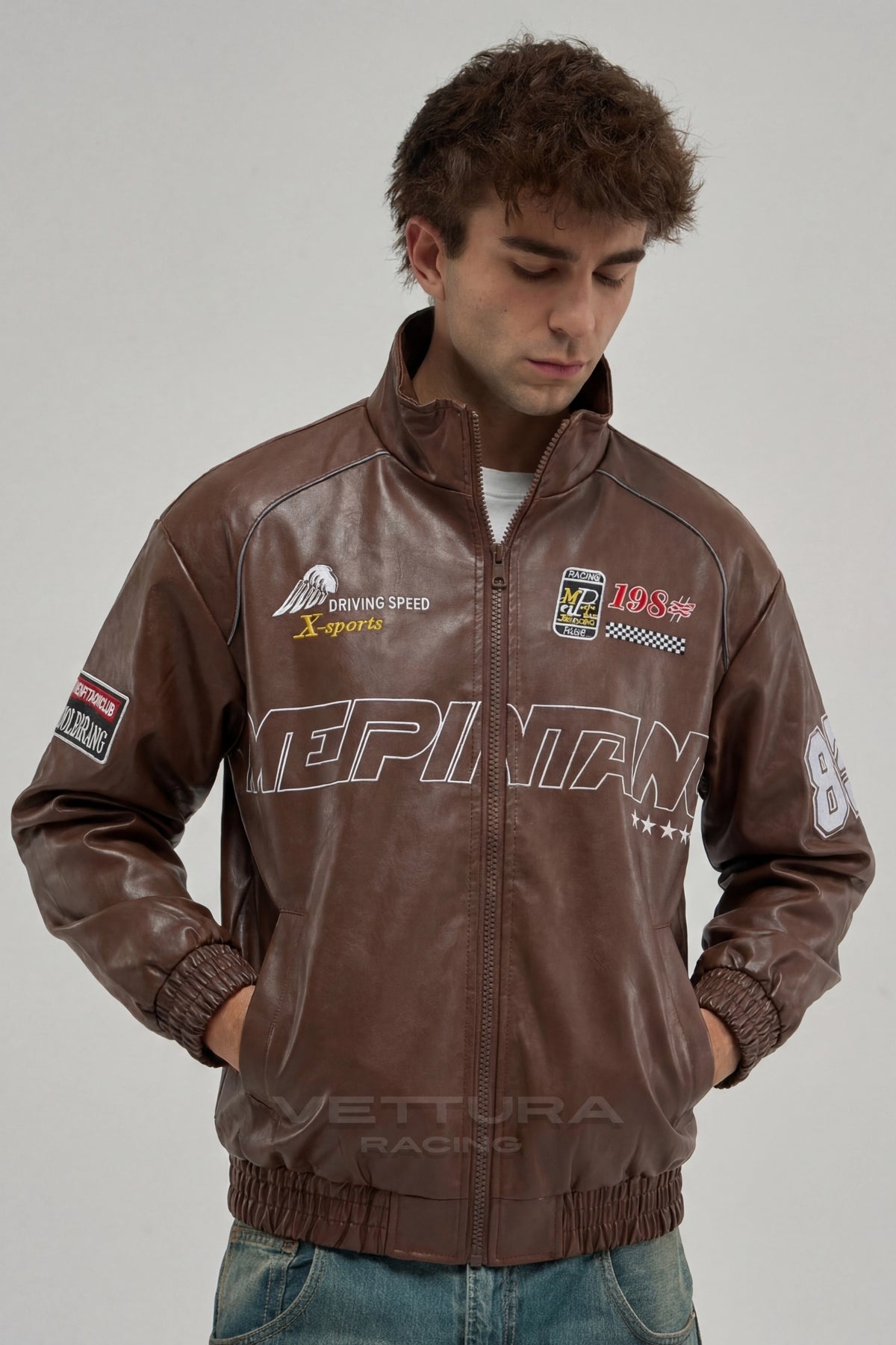 LAP 85 brown racing jacket styled in daylight