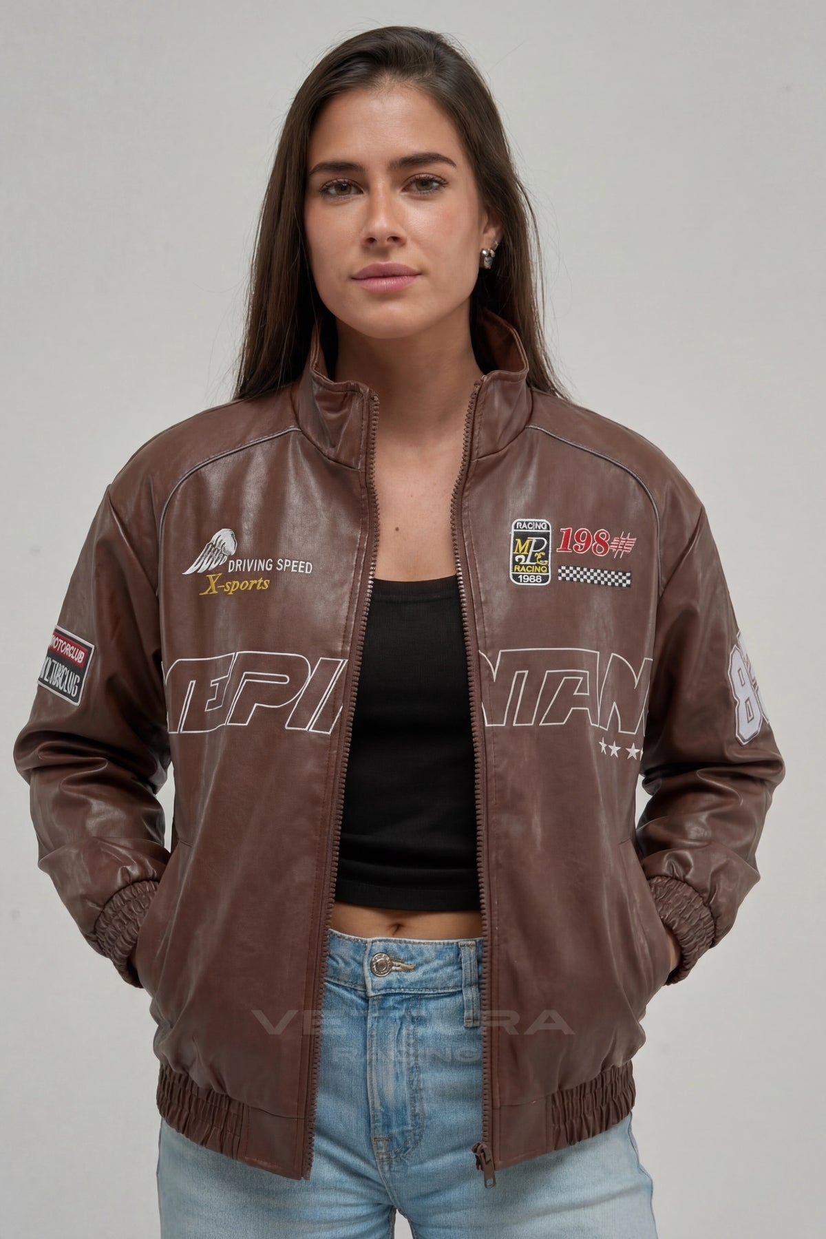 LAP 85 brown racing jacket on a model, sleeve patch detail