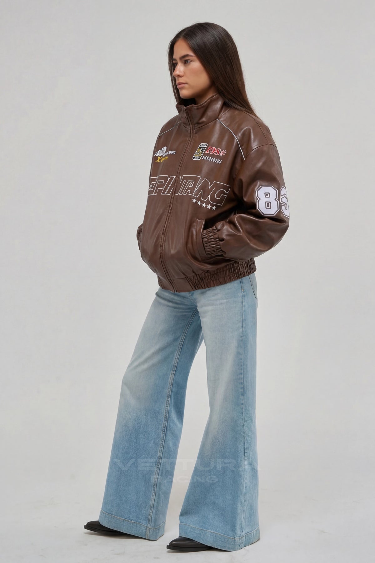 LAP 85 brown leather racing jacket worn with jeans