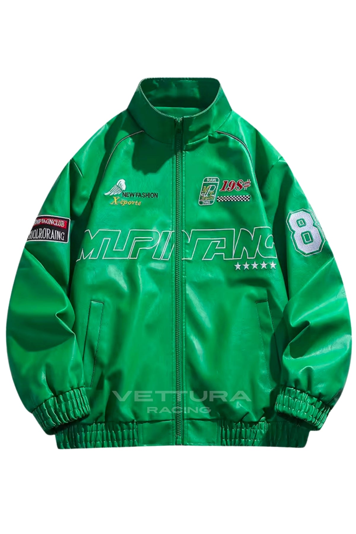 LAP 85 green racing bomber jacket, front product shot on a white background