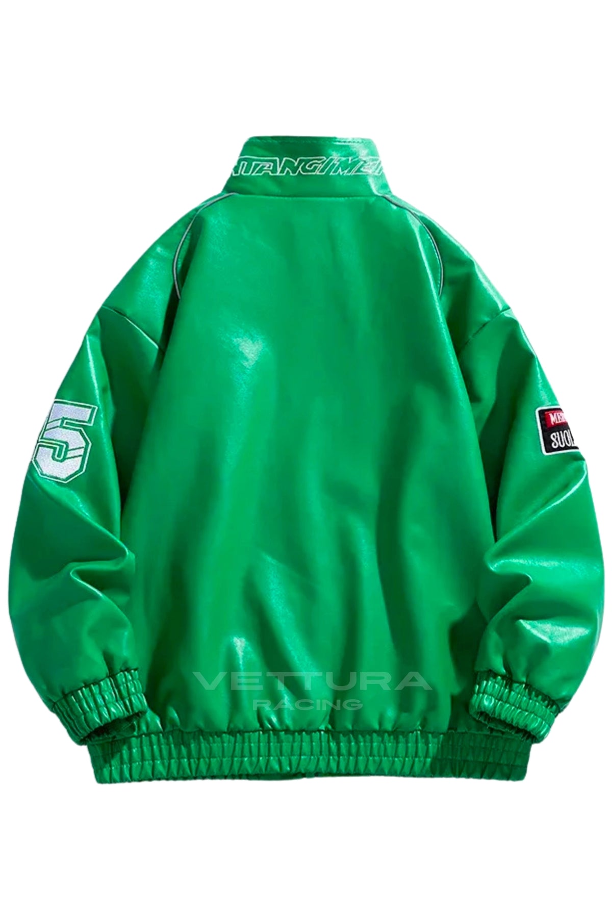 Back of the LAP 85 green racing jacket with the number patch on the sleeve