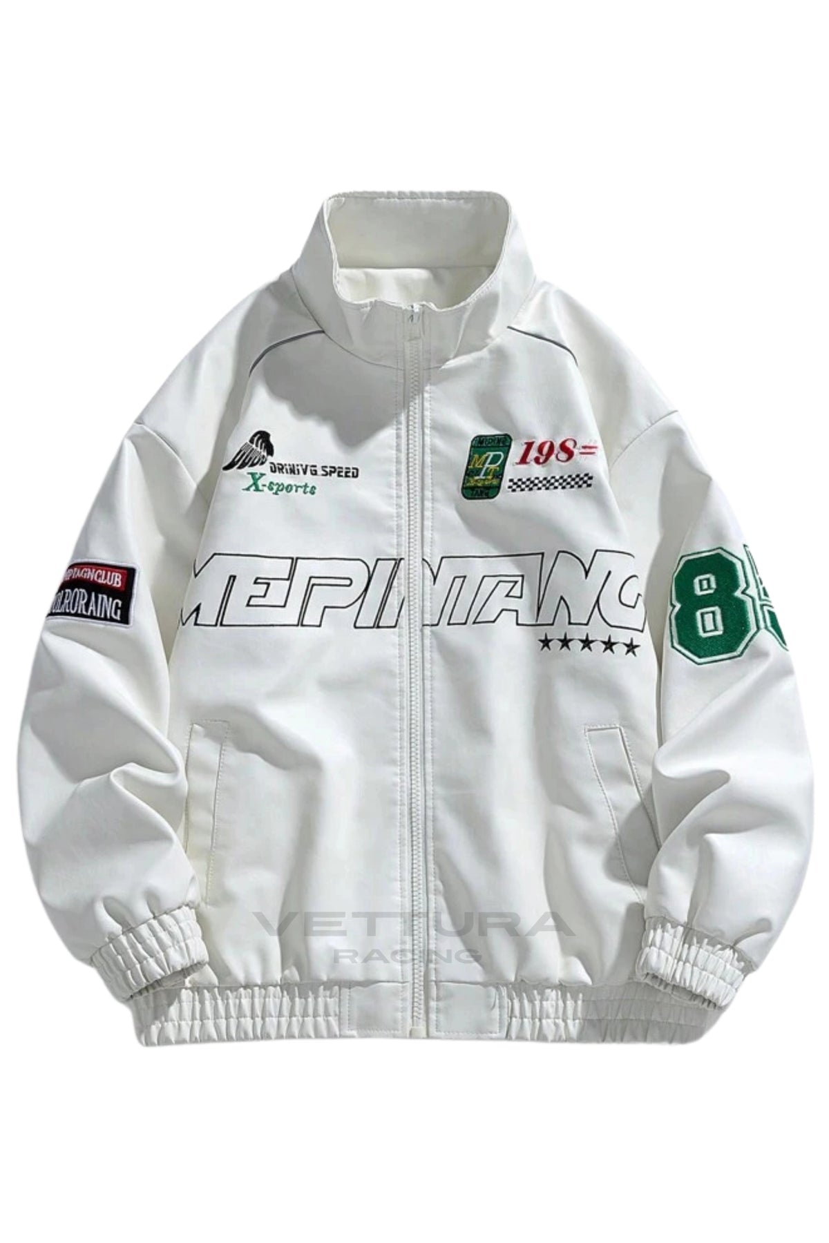 LAP 85 white racing bomber jacket, front product shot on a white background