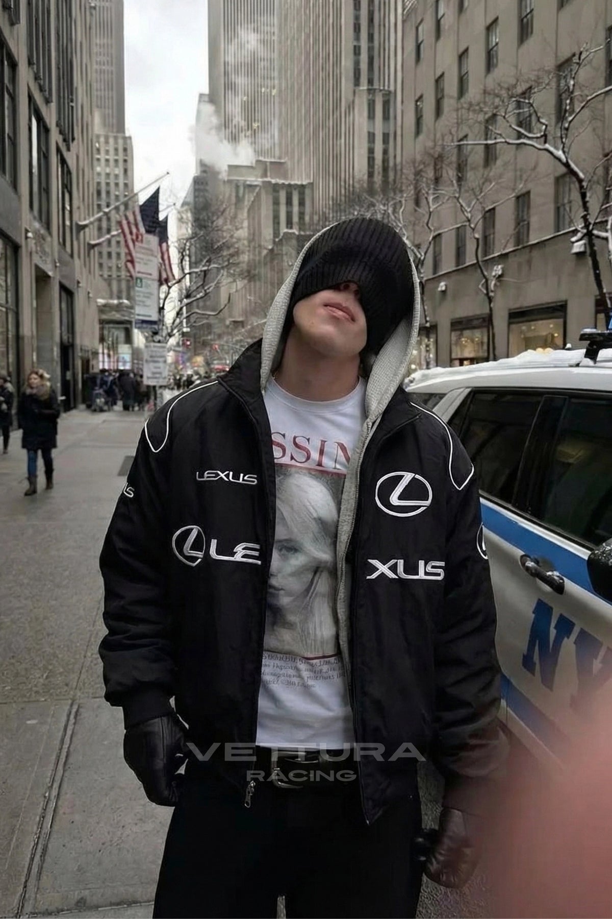 Street style look with the black Lexus vintage racing jacket