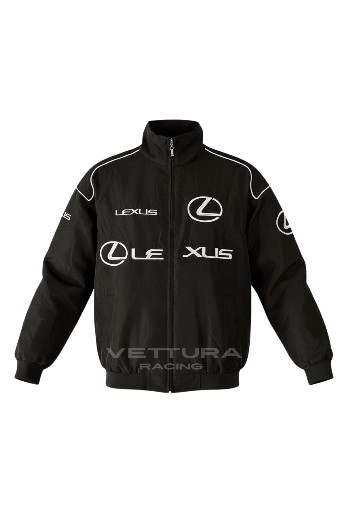 Black Lexus vintage racing jacket flat front view with embroidered emblem