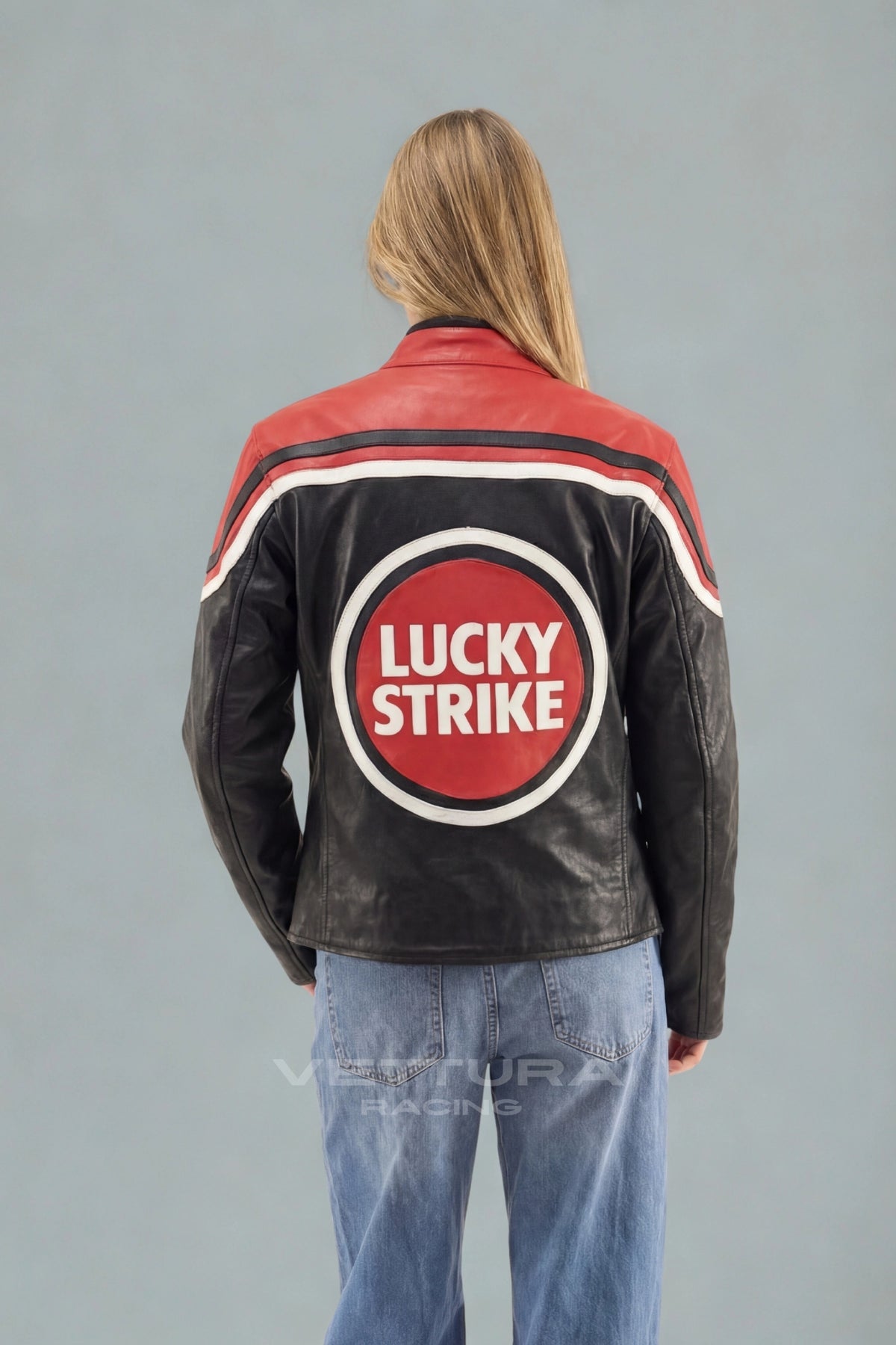 Lucky Strike red edition leather jacket on a model, sleeve wordmark detail